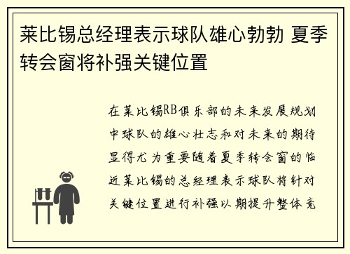 莱比锡总经理表示球队雄心勃勃 夏季转会窗将补强关键位置