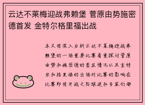 云达不莱梅迎战弗赖堡 菅原由势施密德首发 金特尔格里福出战