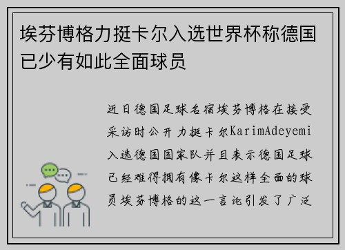 埃芬博格力挺卡尔入选世界杯称德国已少有如此全面球员